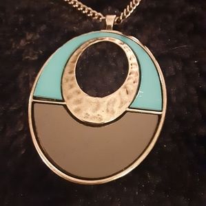 Vintage Jewelery Lovely Large Geometric Goldtone Enamel Pendant & Chain